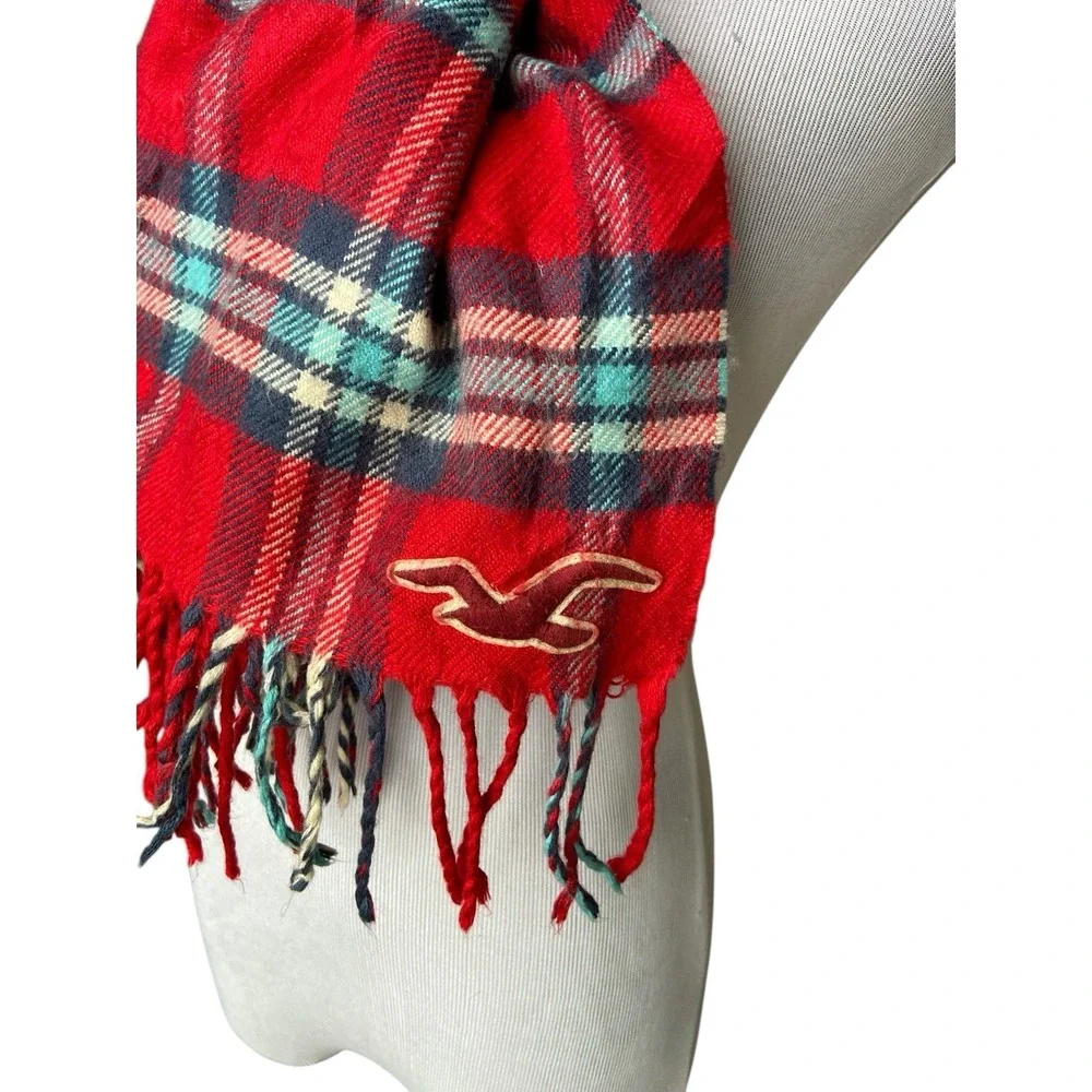Hollister Red Plaid Fringe Logo Scarf Cozy Preppy Winter‎ Cabincore Outdoors Ivy